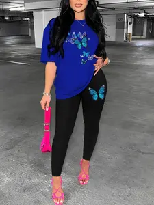 Two-Piece Set Women's Butterfly Print Drop Shoulder Tee & Elastic Waist Skinny Pants Set, Matching sets, Round Neck Half Sleeve T-shirt & Trousers for Daily Outdoor Wear, Women's Clothing for Spring & Fall