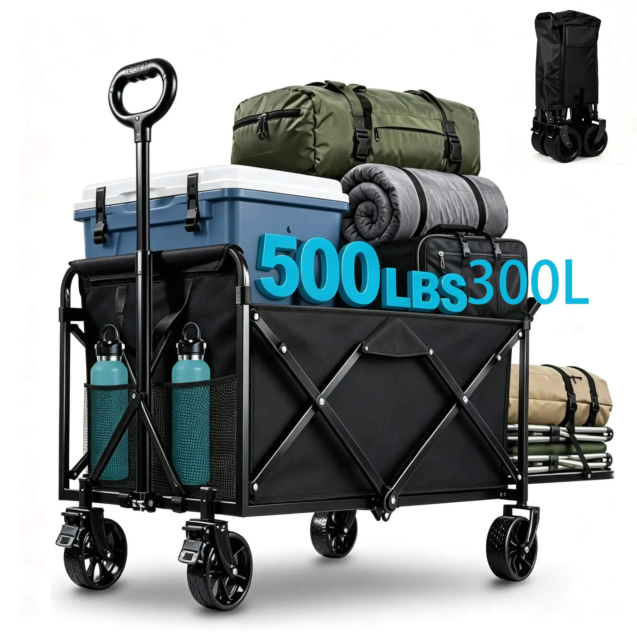 Collapsible All-Terrain Wagon Cart - 300L Folding Trolley with Rear Tailgate, Brakes, Large Wheels for Camping, Groceries, Hauls Cargo