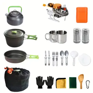 Outdoor Camping Cooking Set with Cooking Pot, Pots and Pans, Cooking Utensils, Spoons, Forks, Tongs, Tote Bag & Portable Stove Torch