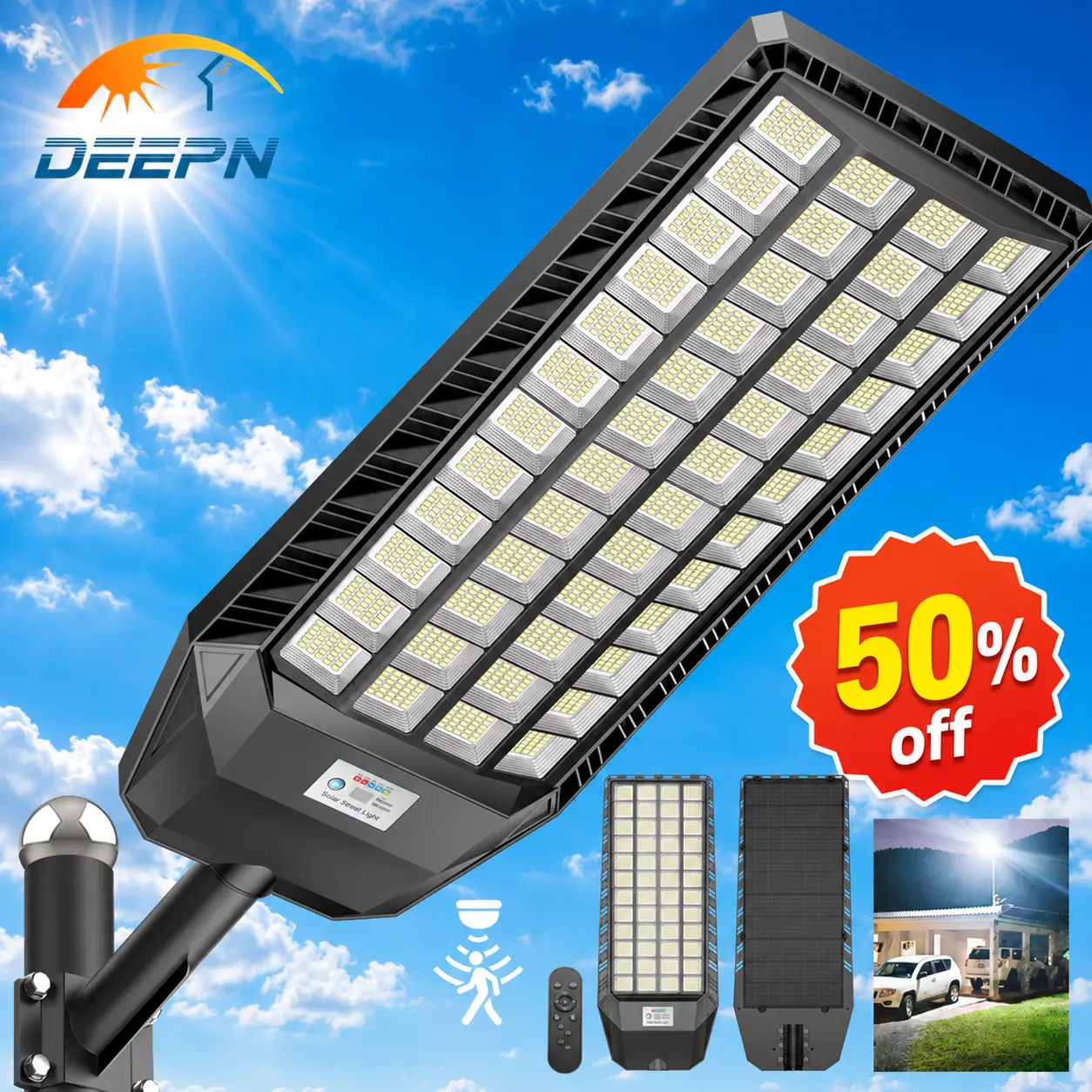 DEEPN Solar Outdoor lights 6500K Spotlight, waterproof IP67 wall lamp, 5 lighting modes, with intelligent motion detection, suitable for parking lots, gardens, courtyards, and other outdoor places
