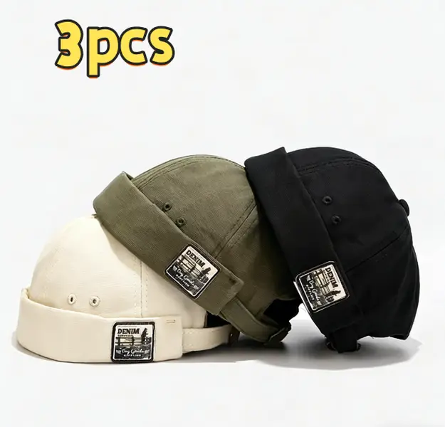 3Pcs Hand Wash Only Brimless Docker Hats - Vintage Denim Label, Soft Skullcap, Rolled Cuff Beanie for Daily Outdoor Casual Streetwear, Hand Wash Only Hats, Skull Cap, Breathable, Buckle, Unisex