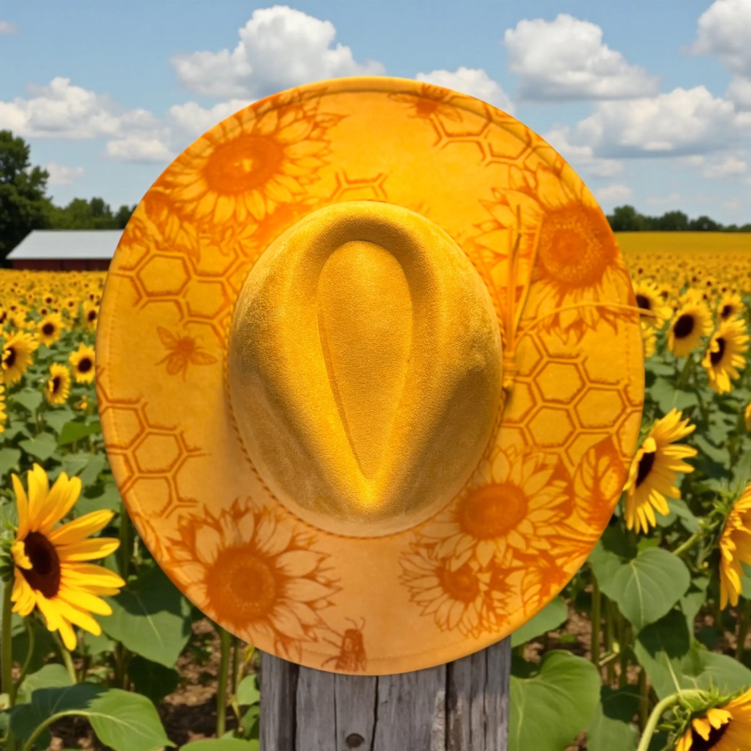 Sunflower Engraved Cowboy Hat with Honeycomb Design | Western Farm Cowgirl Hat | Bright Yellow Country Hat | Adjustable Fit