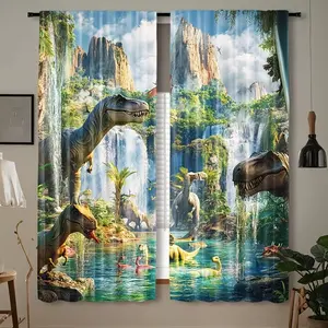 2 Piece Set Dinosaur Curtains for Bedroom, Living Room Window Curtain 2D Late Jurassic Natural Print, Cute Playful Room Decoration