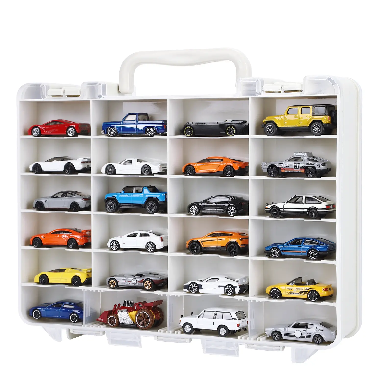 Saichotoy Storage Case for 1/64 Scale Diecast Cars, Carrying Display Case for 1/64 Hot Wheels Toy Cars, 48-Slot Double-Sided Transparent Organizer with Built-in Steps Prevent Sliding & Adjustable Dividers