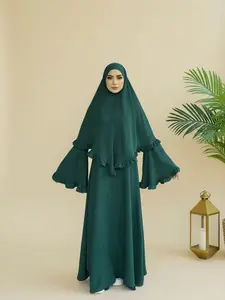 Women's Solid Long Sleeve Abaya & Hijab Set, Modest Fashionable Two-piece Outfits for Women, Modesty Muslim Clothing, Women's Islamic Clothing for Daily Wear