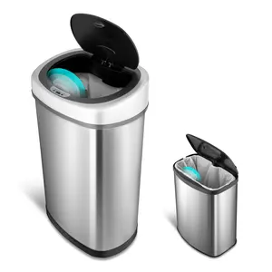 NINESTARS CB-DZT-50-9/8-1 Automatic Touchless Infrared Motion Sensor Trash Can Combo Set, 13 Gal 50L & 2 Gal 8L, Stainless Steel Base (Oval & Rectangular, Silver/Black Lid)