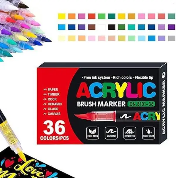 Art Markers Set - 36 Vivid Colors, Flexible Tip, 6mm Bold Strokes, Bold & Easy Coloring, Direct-Liquid Ink Control, Non-Toxic Water-Based Brush Pen, Office Stationery Writing Tool, Ideal Gift for Children and Adults