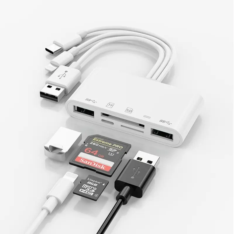 SD Card Reader for iPhone/iPad, Media Card Reader, Dual USB-C, Lightning and USB-A OTG Adapter, USB-C Hub and Memory Card Reader for Cameras, Supports SD/MicroSD/USB 3.0, Plug and Play, No App Needed