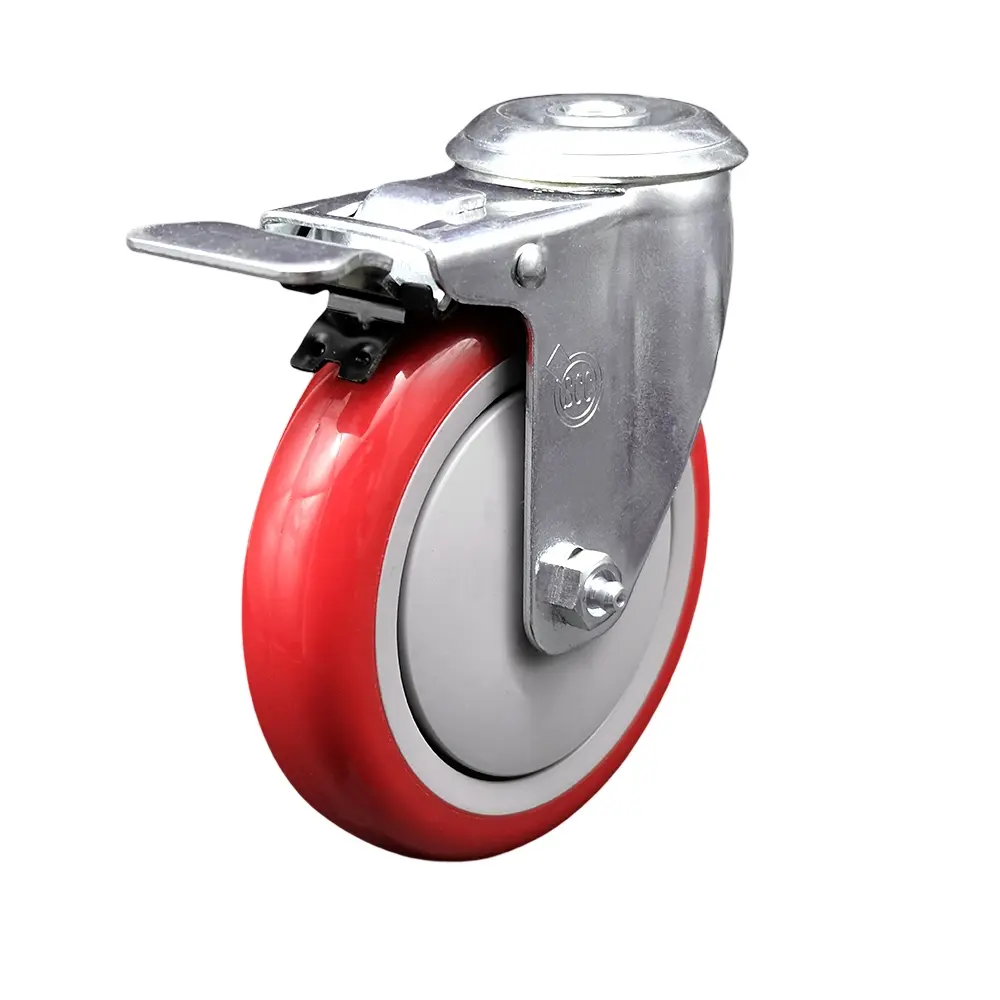 5" Swivel Caster with 1/2" Bolt Hole, Red Polyurethane Wheel and Total Lock Brake - 350 lbs Capacity - Service Caster Brand