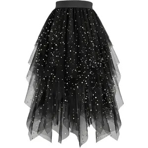 Women's Tulle Skirts High Low Layered A-line Midi Skirt Irregular Tutu for Women Womenswear Bottom Halloween Black Cosplay Costumes Elastic Fits Formal Girls Piece Sequin Solid White