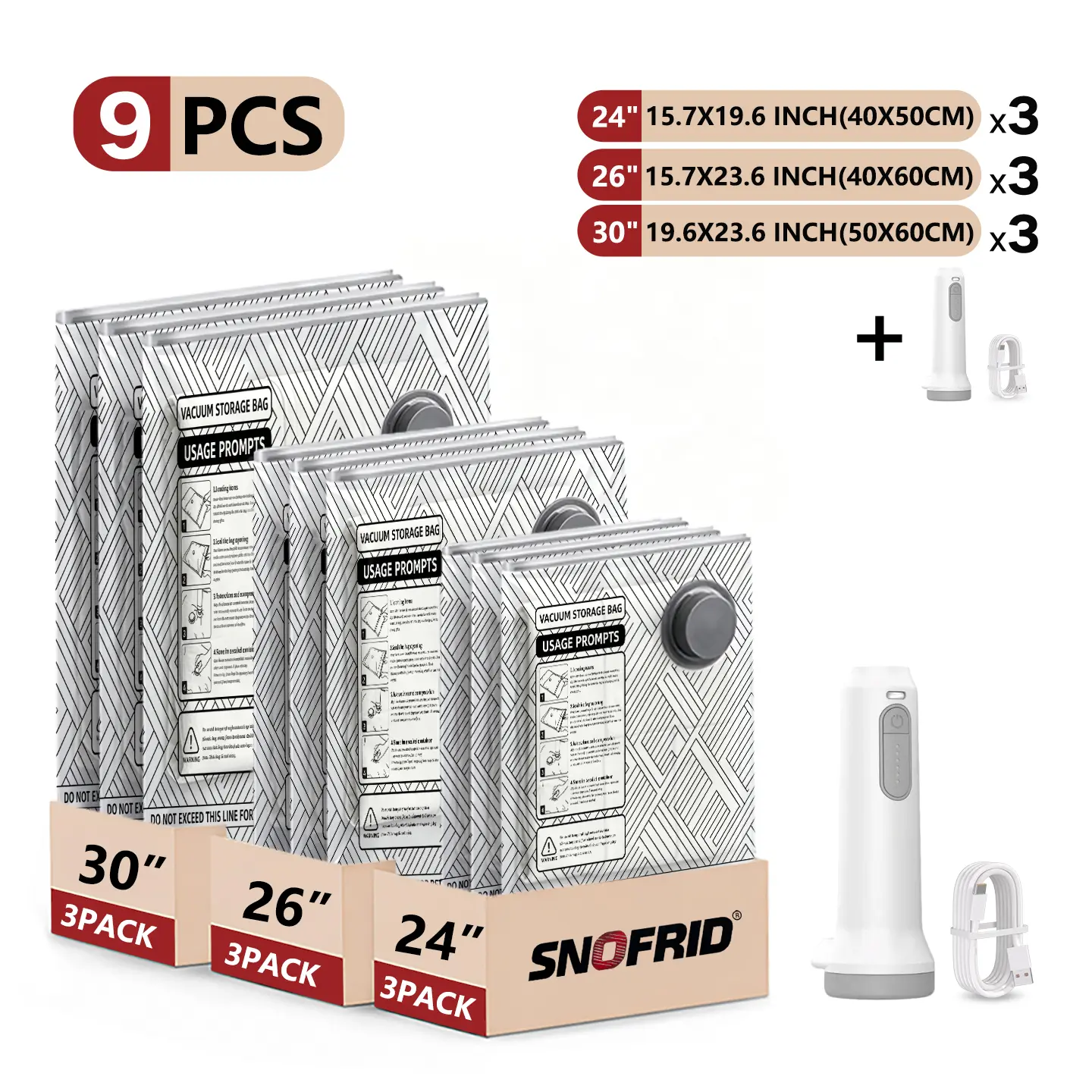【DealsForYouDays】Snofrid Cordless Travel Vacuum Storage Compression Bag Set – 15-Pack in 3 Sizes – USB Rechargeable Handheld Pump with Built-In Battery – Waterproof & Reusable Space Saver for Clothes & Packing, Perfect for Carry-On Suitcases
