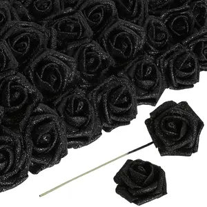 Artificial Flowers Black Glitter Flowers Foam 30pcs Glitter Roses Realistic Roses with Stems for DIY Wedding Bouquet Decorative Gift Decoration