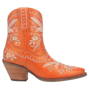 Dingo Womens Primrose Floral Embroidered Metallic Snip Toe  Casual Boots Ankle Mid Heel 2-3" - Orange