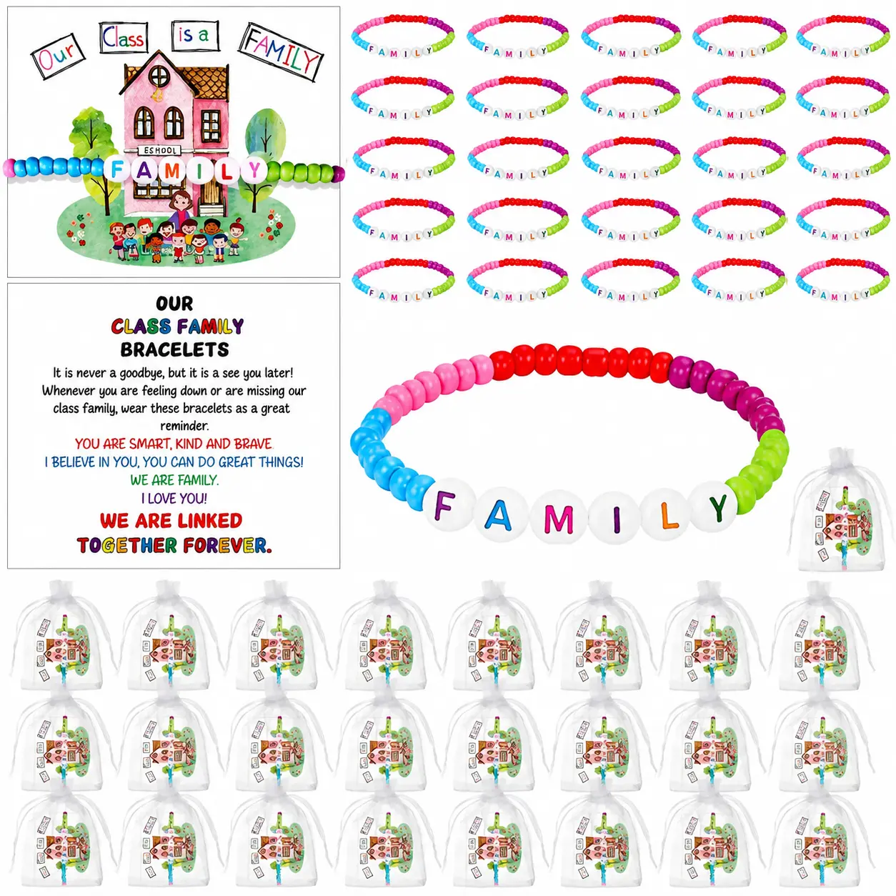 25 Pack Back to School Friendship Bracelet Gift Set with Storage Bag & Greeting Cards,  Colorful Bead Bracelets ,Classroom Reward Supplies, Goodie Bag Fillers for Holiday Presents（Back to School）
