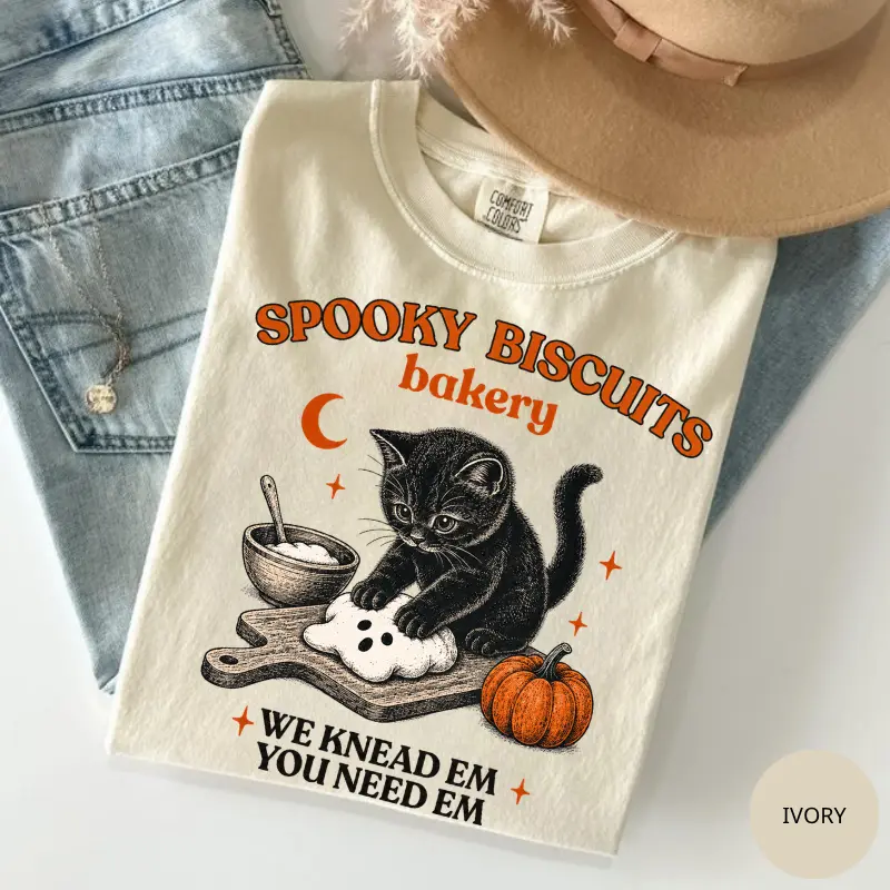 Comfort Colors Kitty Biscuits Shirt, Spooky Season Black Cat Halloween Tee, Vintage Pumpkin Baking Graphic T-Shirt, Cute Cat Lover Gift, Fall Aesthetic Shirt