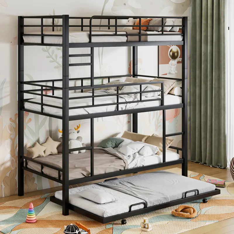 [Bellewave] Metal twin size triple bunk bed with Trundle, Black