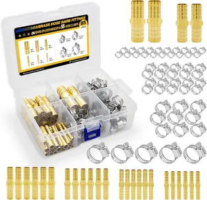 30 count Brass Hose Barb Fittings Splicer Mender 3/16 1/4 5/16 3/8 1/2 5/8 with 55 count Stainless Steel Hose Clamps for  Gas Water Air