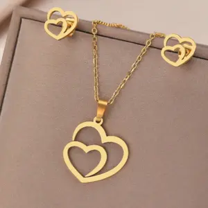 Aomogo Women's Stainless Steel Necklace and Earrings Set with Hollow Double Heart Pendant, Great for Engagement and Anniversary Valentine's Day Gift