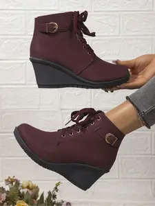 Women's High Heel Thick Sole Wedge Shoes, Korean Fashion Casual Round Toe Lace-Up Short Boots, Spring Summer Fall Versatile Footwear, Elegant Boots