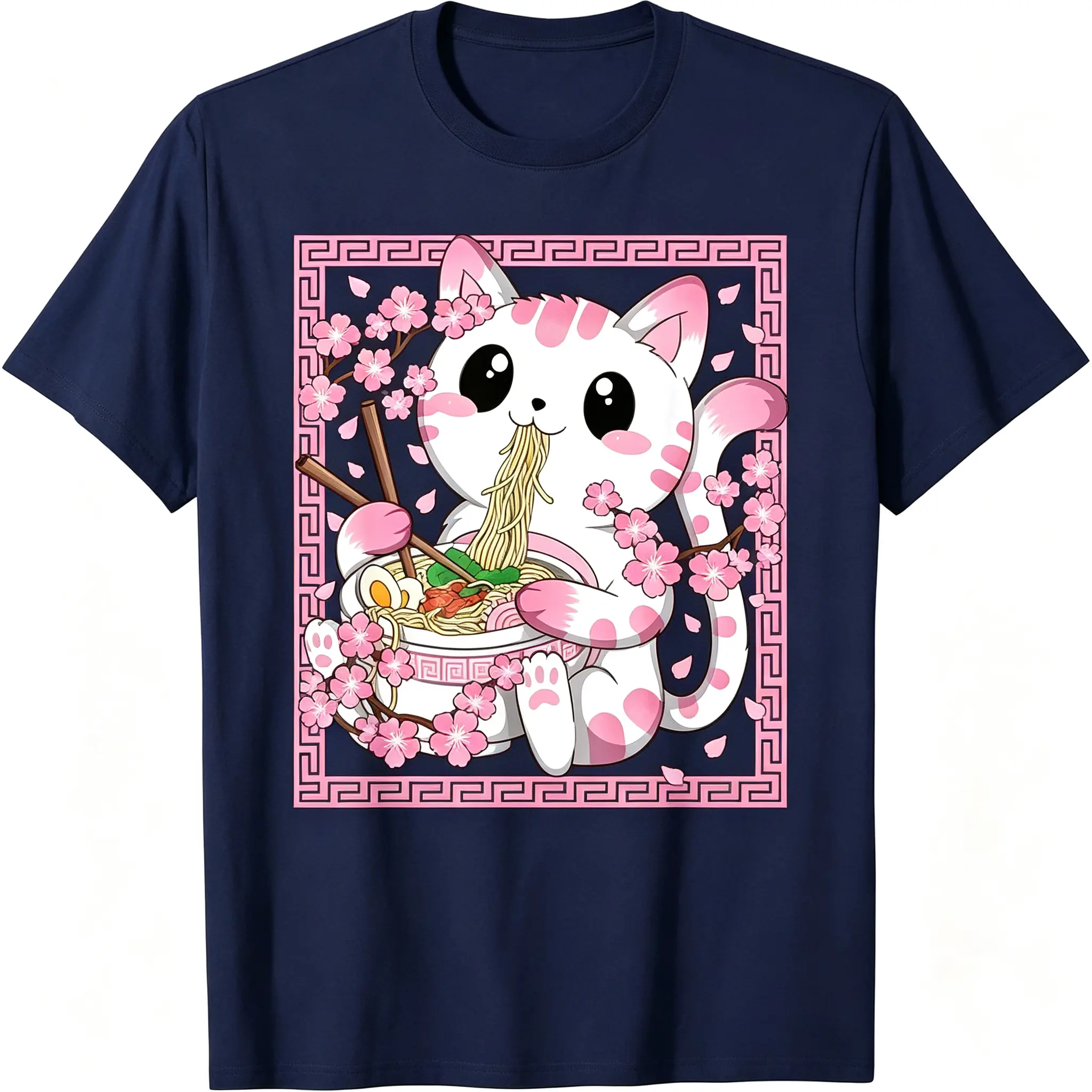 Men's Short-Sleeve Casual T-Shirt, Comfortable Everyday Wear with Cute Anime Cat, Ramen, Japanese-Style Floral Cherry Blossom Prints