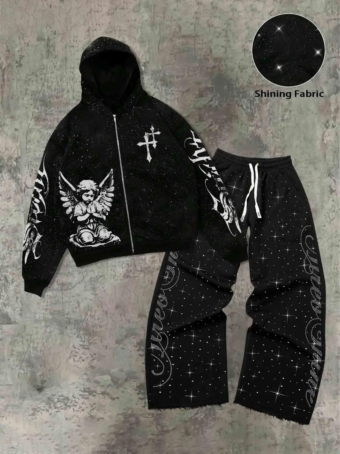 Men's Spring Autumn New Trendy Loose Long Pants Long Sleeve Sweatshirt Hoodie Casual Set Outfit, Full Star Rhinestone Print Design, Daily, Fashion Party Wear