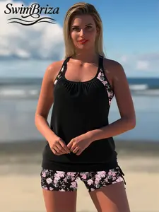 Briza｜Tankini With Shorts In Black Pink Floral Print, Tankini Swimsuits Set And Tankini Suit For A Tankini Swimsuit For Women, Swim Shorts Set Women Love, Bathing Suits 2 Piece Set, Vacation Swimwear For Women With Tummy Control Swimwear