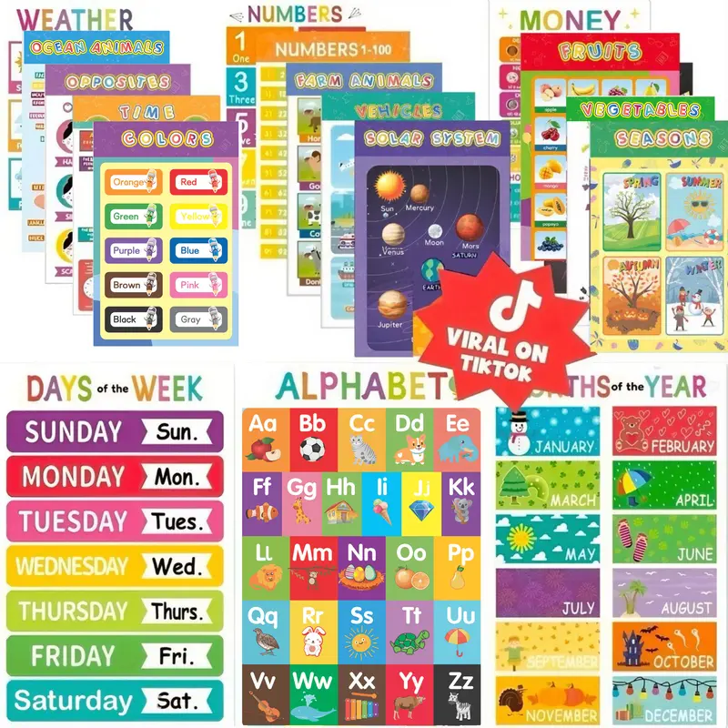 16 Laminated Educational Posters For Kids, Preschool Posters for Classroom, Kindergarten Wall Decor, Perfect for Ages 1-5, Ideal for Elementary and Boho-Themed Rooms.