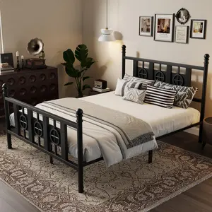 YJ-Garvee  Sturdy Metal Full Size Bed Frame with Vintage Circular Design, Platform with Headboard & Footboard, Underbed Storage, Noise-Free, Easy Assembly, No Box Spring Needed for Bedroom，Black