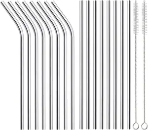 16 Pack Reusable Stainless Steel Metal Straws 8 Straight 8 Bent 8 5 Inch with 2 Cleaning Brushes Compatible with 20oz Stanley Cup