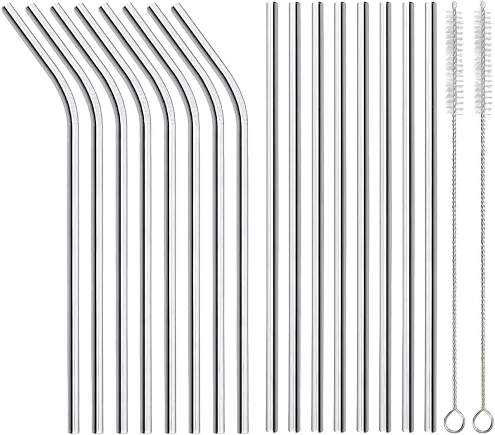 16 Pack Reusable Stainless Steel Metal Straws 8 Straight 8 Bent 8 5 Inch with 2 Cleaning Brushes Compatible with 20oz Stanley Cup