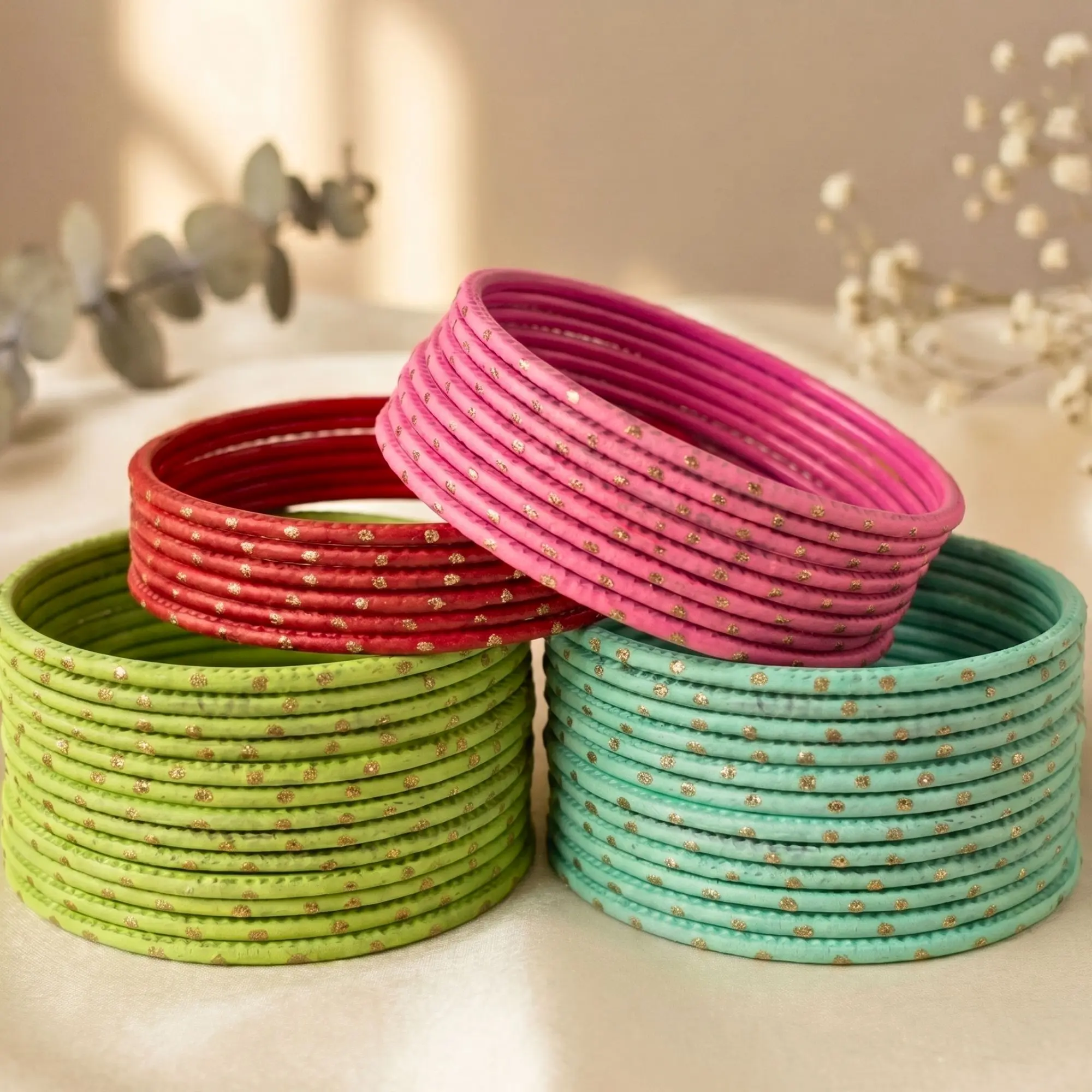 12pc Vibrant Hot Pink & Gold Polka Dot Metal Bangles - Traditional Rani Pink Churiya Set for Weddings & Festive Wear