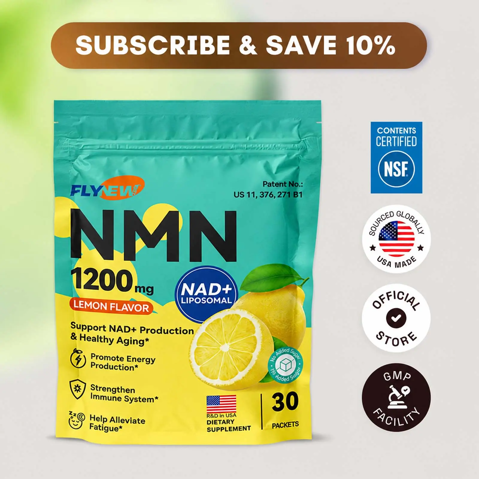 FLYNEW NMN NAD+ PQQ Supplement - 8 in 1 Cellular Renewal Formula | Supports Collagen Production, Skin Elasticity & Healthy Aging | 30 Vegan Lemon Drink Mix Packets