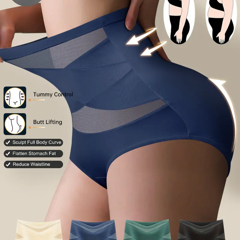 QUASTI Women's 4-Piece High-Waist Crossover Spandex Blend Briefs Lingerie Set, 4 Mixed Colors, Soft Elastic Fabric, Elegance, High-Cut, Seamless Knicker, Underwear for Women, Slimming Lift, Breathable Full Coverage Everyday Essential Panties (S-XXL)