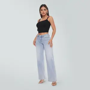 Magic ONESO BBL Jeans for Women: Mid-Low Rise Stretch Baggy Fit, Comfortable Light Blue/Dark Blue Wide Leg Distressed Denim with Tummy Control