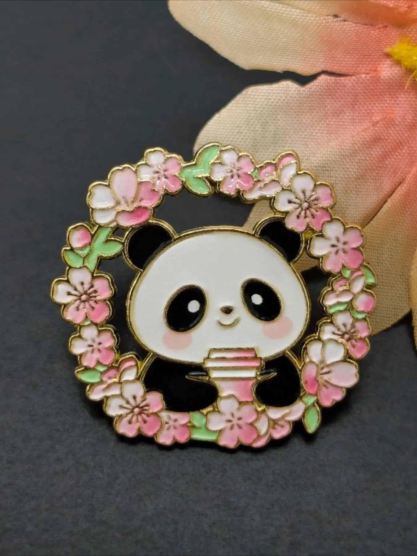 Kawaii Panda with Bubble Tea in Sakura Wreath Enamel Pin Spring Flower Lapel Badge Brooch for Clothing Bags Decor