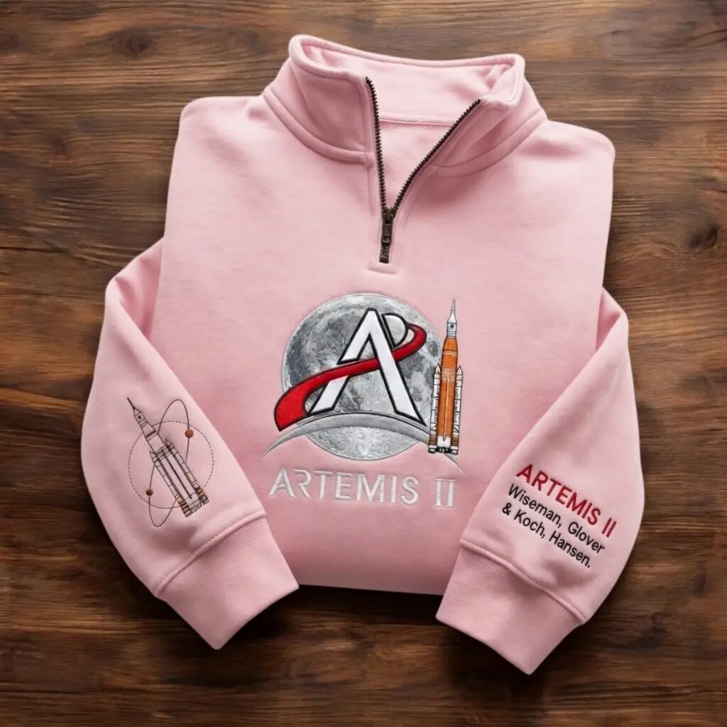 Artemis II Inspired Astronaut Moon Mission Embroidered Quarter Zip, Space Exploration Sweatshirt