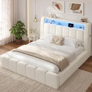 ADORNEVE Cloud Queen Upholstered Bed Frame with LED Lights and Charging Station Foam Fully Cushioned Platform Soft Rounded Corners Rounded Corners Design