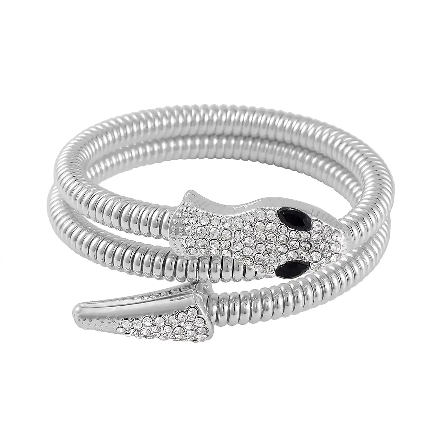 Black Glass and White Austrian Crystal Snake Link Chain Bracelet in Silvertone (7.00 In)