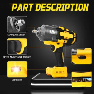 Cordless Impact Wrench (Bare Body Only), 1000FT-LBS (1500N.m) Brushless Electric Impact Gun Includes LED Work Light, 1/2 Inch Cordless Impact Wrench for Dewalt Batteries, Suitable for Automotive and Home Use