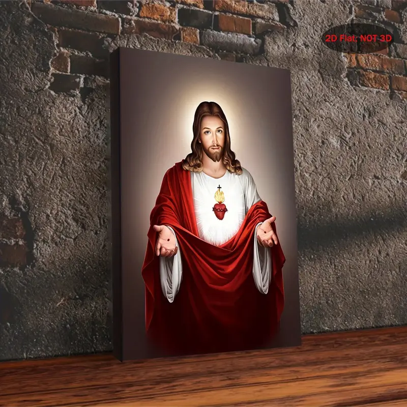 Jesus Sacred Heart Canvas Wall Art with Wooden Frame - Classic Retro Religious Cross Print, Religious Decor, Religious Decorations, 2D Jesus Christ Home Decor Painting, 29.97cm x 39.88cm Indoor Hanging Painting - Christian Gift