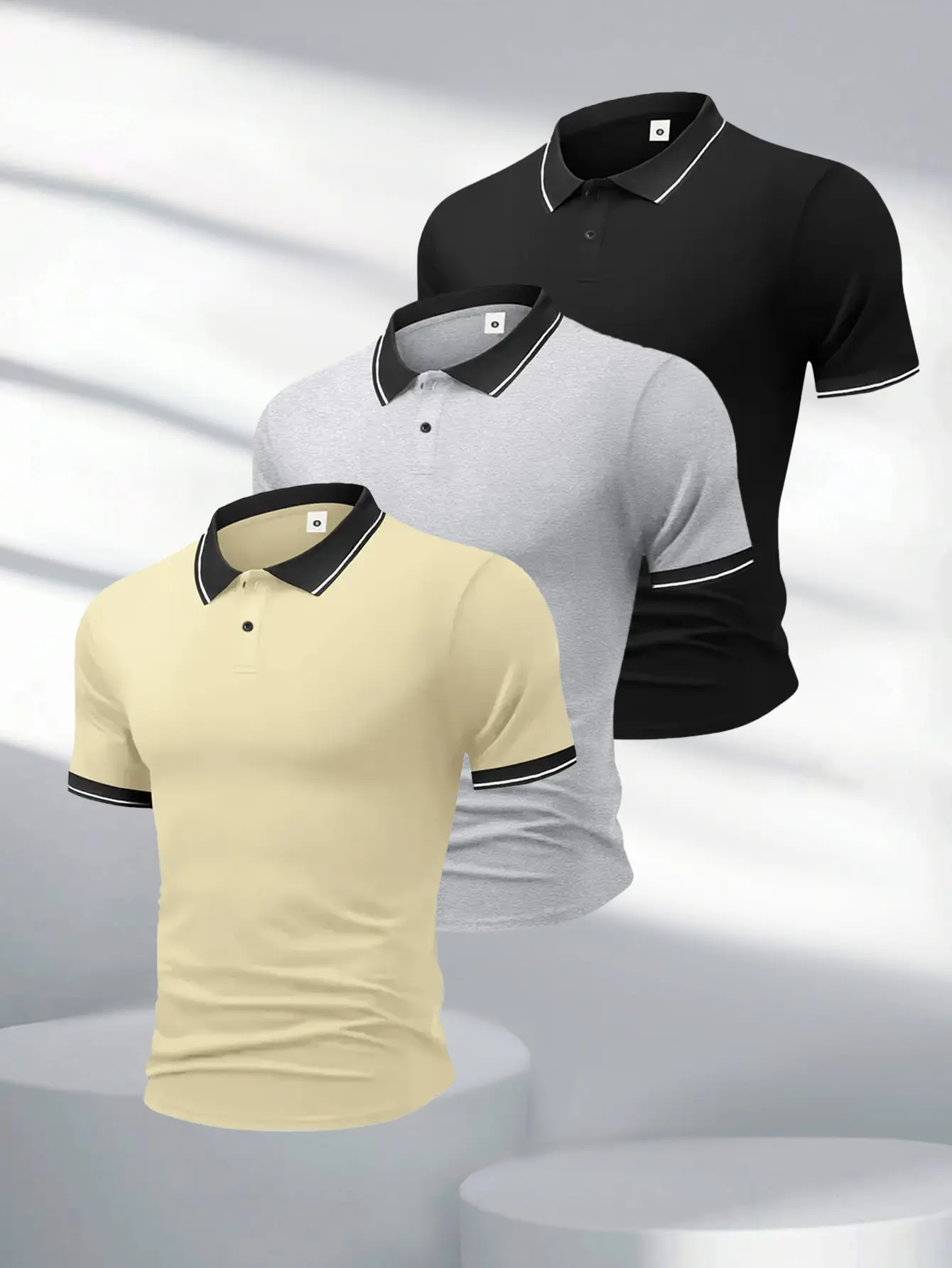 Men's 3-Piece Formal Wear Set - Premium Cotton Skin-Friendly Short-Sleeve Knitting Polo Shirt with Buttoned Collar, Slightly Stretchy Casual Athletic Summer Workwear, Menswear, Shortsleeve, 3 Pieces, Clothes, Basic, Fabric, Tropical, Casual Matching Set