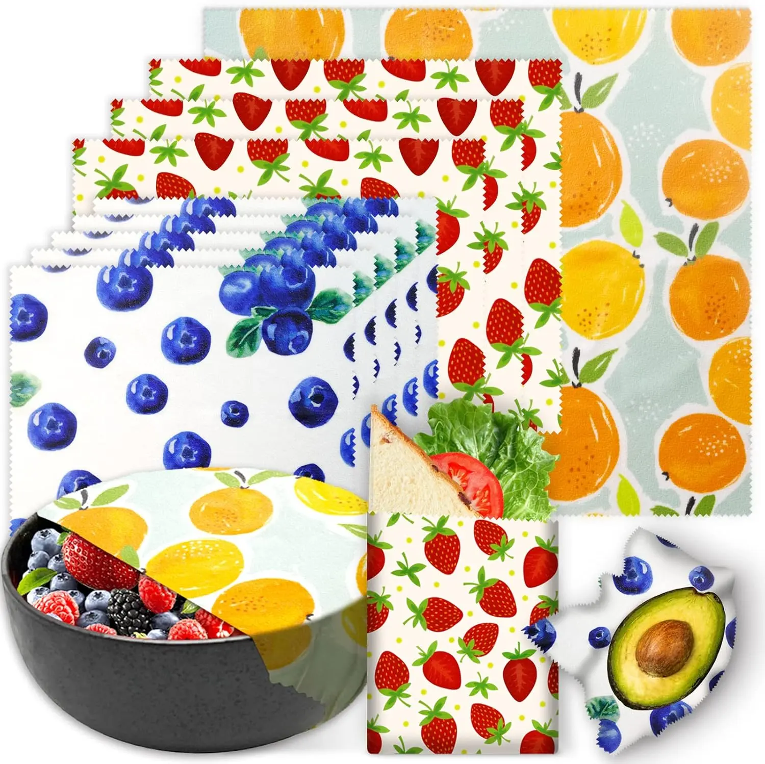 Reusable Beeswax Wrap - 9 Pack, Beeswax Wraps for Food, Eco-Friendly Beeswax Food Wrap, Organic, Sustainable, Biodegradable, Zero Waste, Plastic-Free Food Storage (Orange | Strawberry | Blueberry)