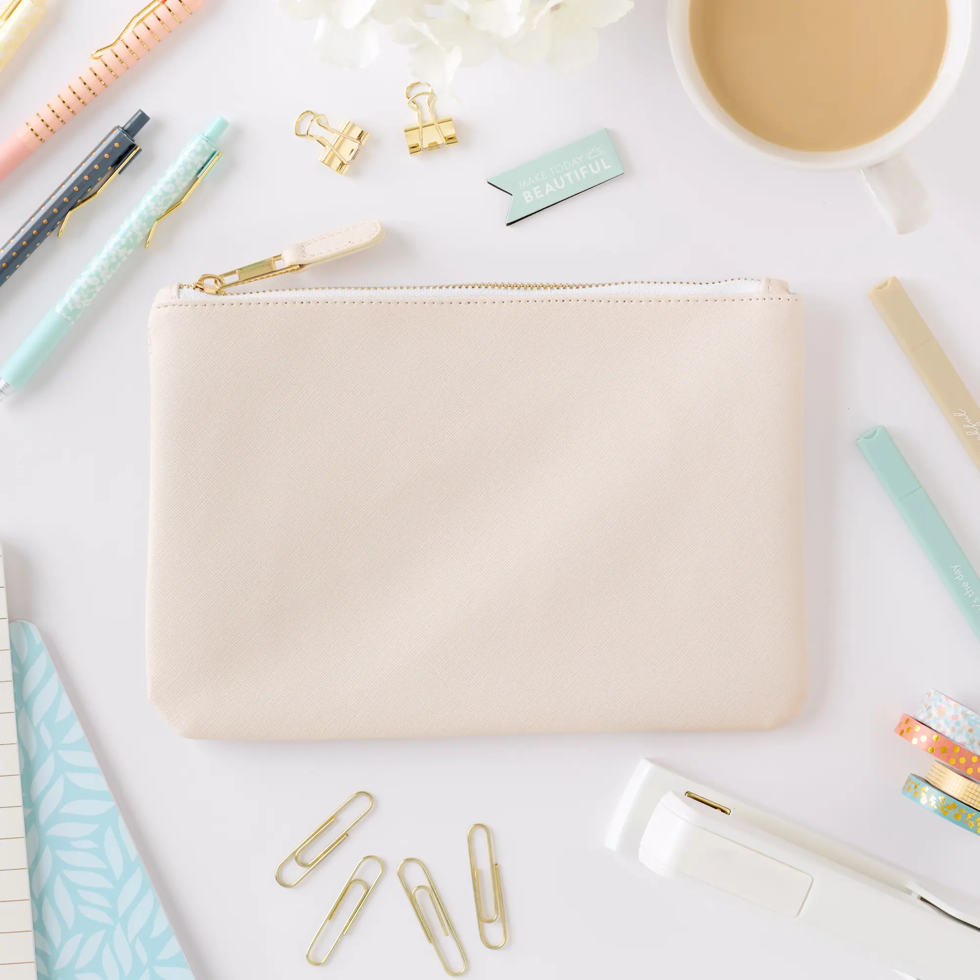 Cream Zipper Pouch Pencil Case, Excellent Quality Office Stationery for School Supply Storage