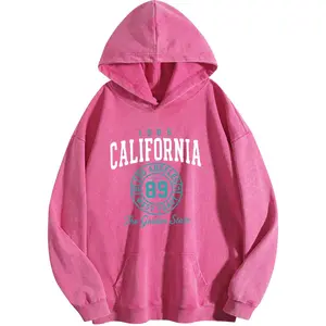 Holafish Women's California Print Acid Wash Cotton Fabric Pullover Hoodie - Vintage, Oversized Loose-Fit, Winter Warm Streetwear Casual Fashion Tops Tunic