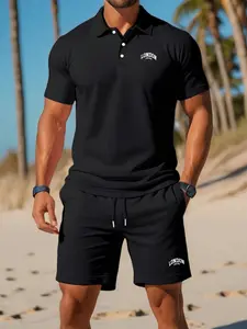 Men's London Letter Polo Shirt Shorts Set, Summer Casual Sports, Daily Commute Street Style, Loose Fit All over Print