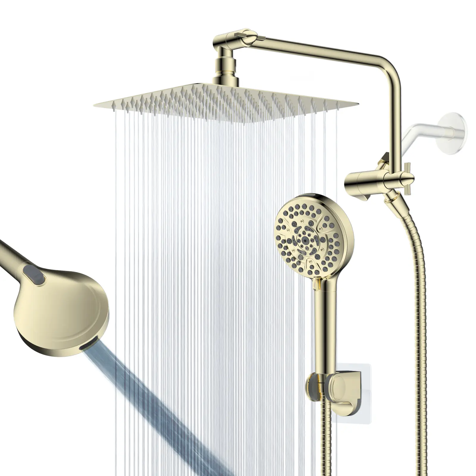 Hibbent All-Metal Shower Head Combo Set - 10" High-Pressure Rainfall/Dual Filtered Brass Handheld Shower, 11" Extension Arm, 10-Spray Adjustable Unit, 71" Hose, 3-Way Diverter Valve, Shiny Gold Bathroom Fixtures, Filtered Shower Heads