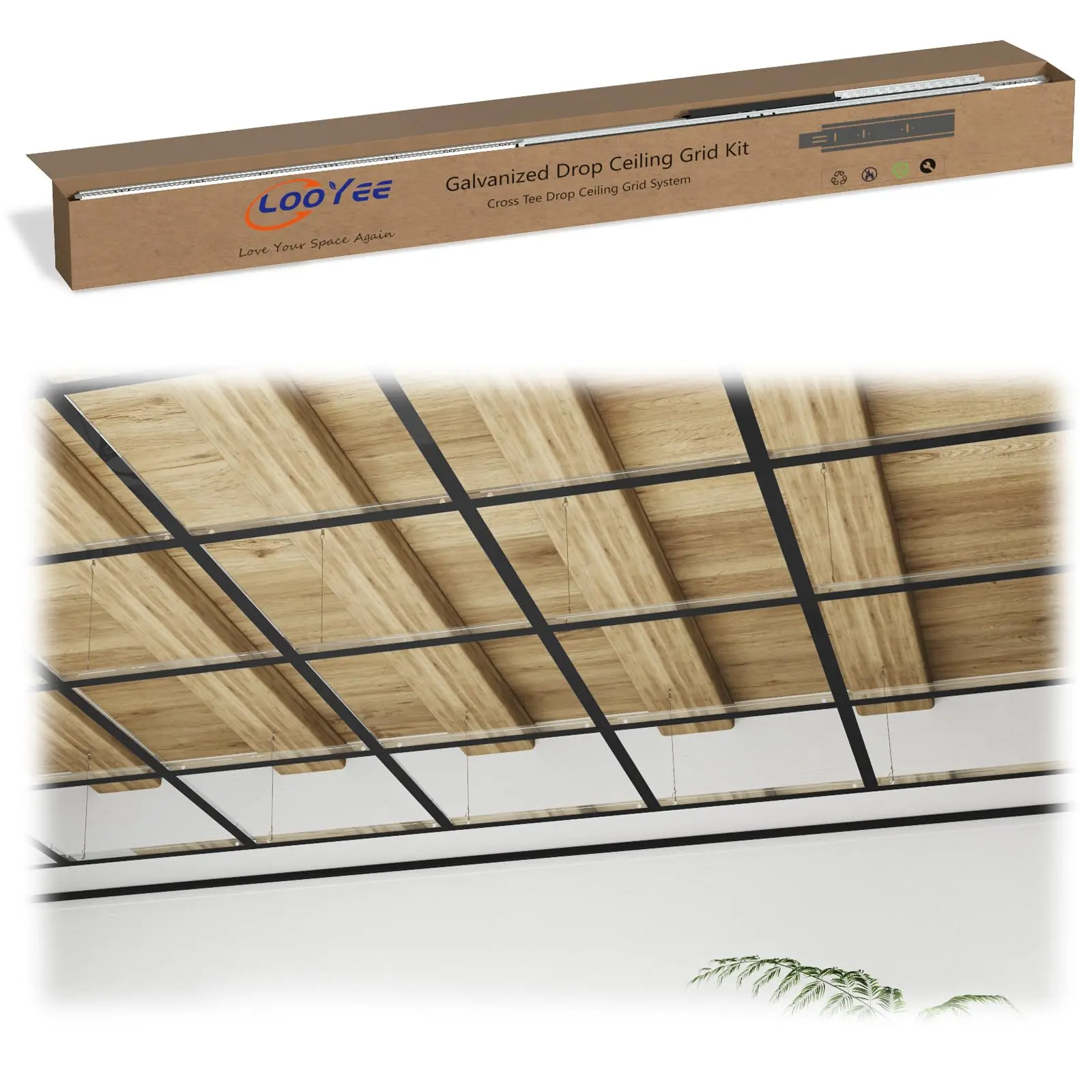 White Galvanized Steel Drop Ceiling Grid System Complete Kit - Rust-Resistant, Fire-Resistant, Easy Installation, 64 Sq.Ft Coverage with Drop Ceiling Panels for Basement, Living Room