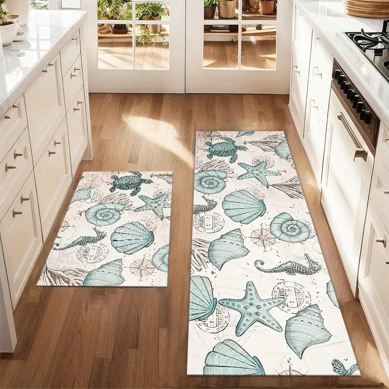 2Pcs turtle shell seahorse Decorative Mat Set, Kitchen Mat Sets, summer marine life art printed carpet anti fatigue kitchen anti slip washable restaurant floor sink laundry room decoration carpet mat