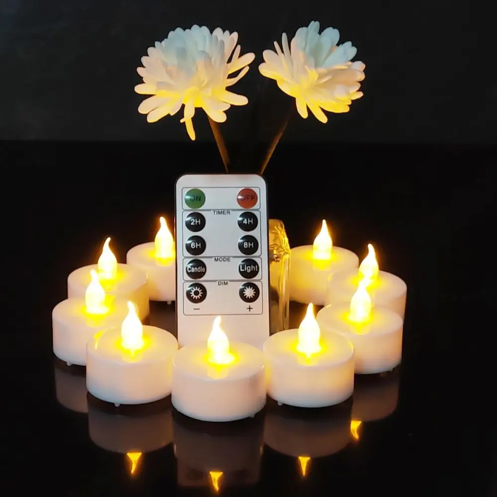 12-Pack Flameless and Safe LED Tea Candle Lights, Remote-Controlled with 2/4/6/8H Auto Shut-Off Timer, Dimmable, 240mAh CR2032 Batteries-Operated for Indoor Valentine's Day & Home Decor