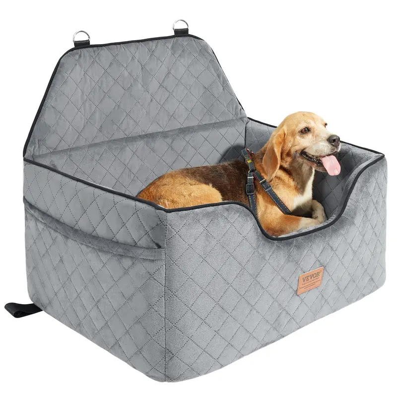 VEVOR Quilted Fabric Dog Car Booster Seat with Removable Cover, Full Enclosure, Brake-Safe Backrest, Waterproof Pad, Zipper Storage Pocket, Adjustable Seat Belt Clip-On Leash, Sponge Filling, for 55lb Pets, Gray (Indoor/Car Use)